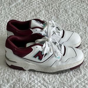 New Balance White and Burgundy Low-Top Sneakers with Teal Accents